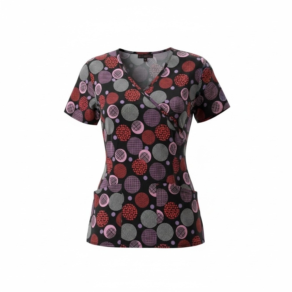FLEX Stretch Scrub Top XS Black Multi Color Dot Heart Print V-Neck Pockets